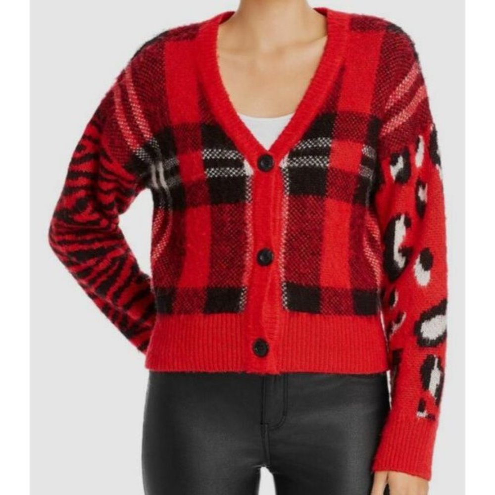 NWT Aqua Womens Red Plaid V-neck Layering Cardigan Sweater